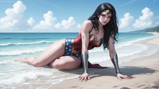 Cartoon Wonder Woman and her Nth boyfriend make love and have sex on the beach