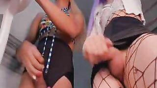 Tranny And Her Friend Get Handjob On Cam
